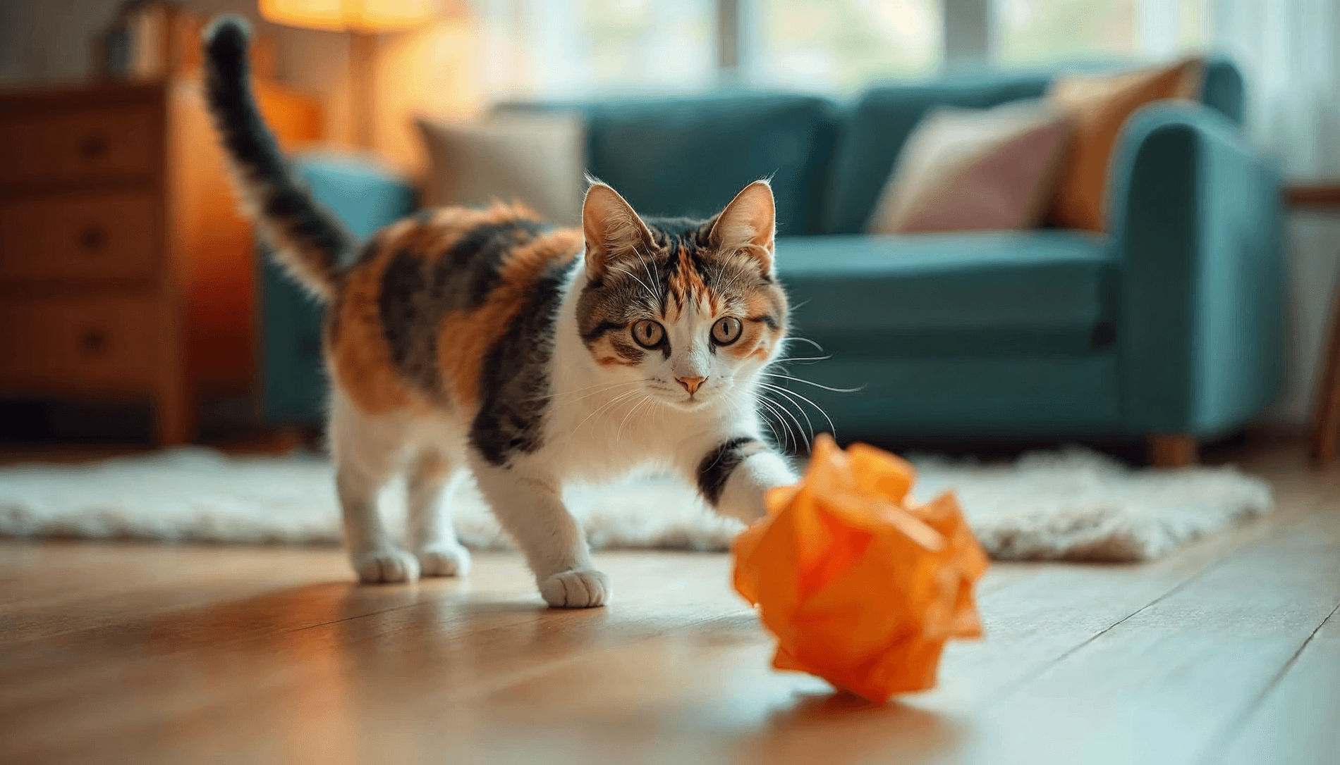 Katze mit selbtgemachtem Spielzeug