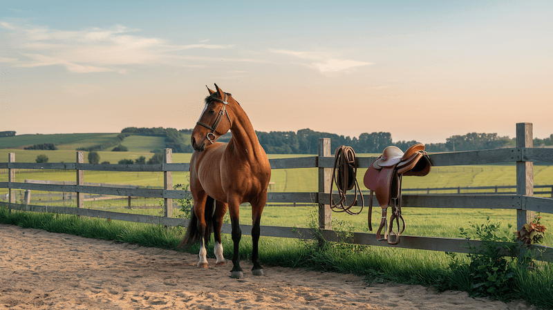 Braunes Pferd steht neben einem Holzzaun in einer grünen Landschaft bei Sonnenuntergang, mit einem Sattel und Zaumzeug am Zaun.