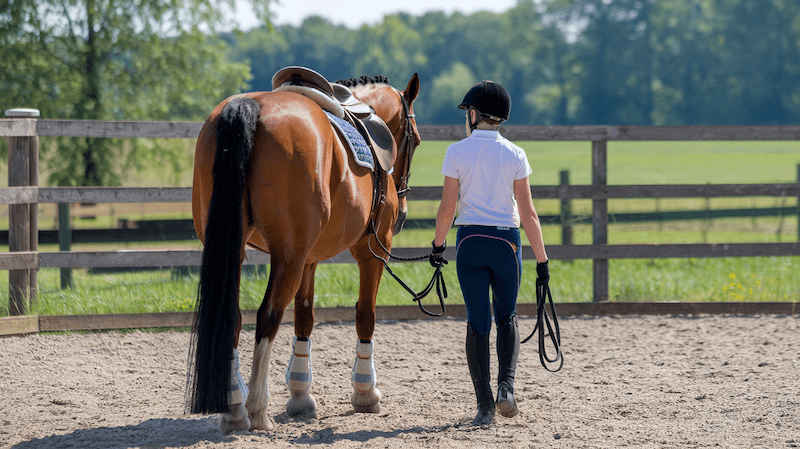 Junge Reitschülerin führt ein gesatteltes Pferd durch eine Reitarena, umgeben von grüner Landschaft und Zäunen.