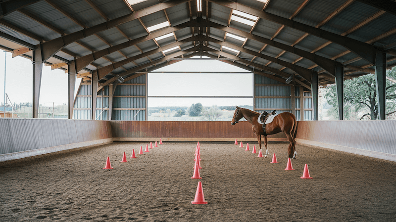 Gesatteltes Pferd steht in einer überdachten Reithalle, umgeben von roten Kegeln für Trainingsübungen, mit einer offenen Aussicht auf die Landschaft im Hintergrund.